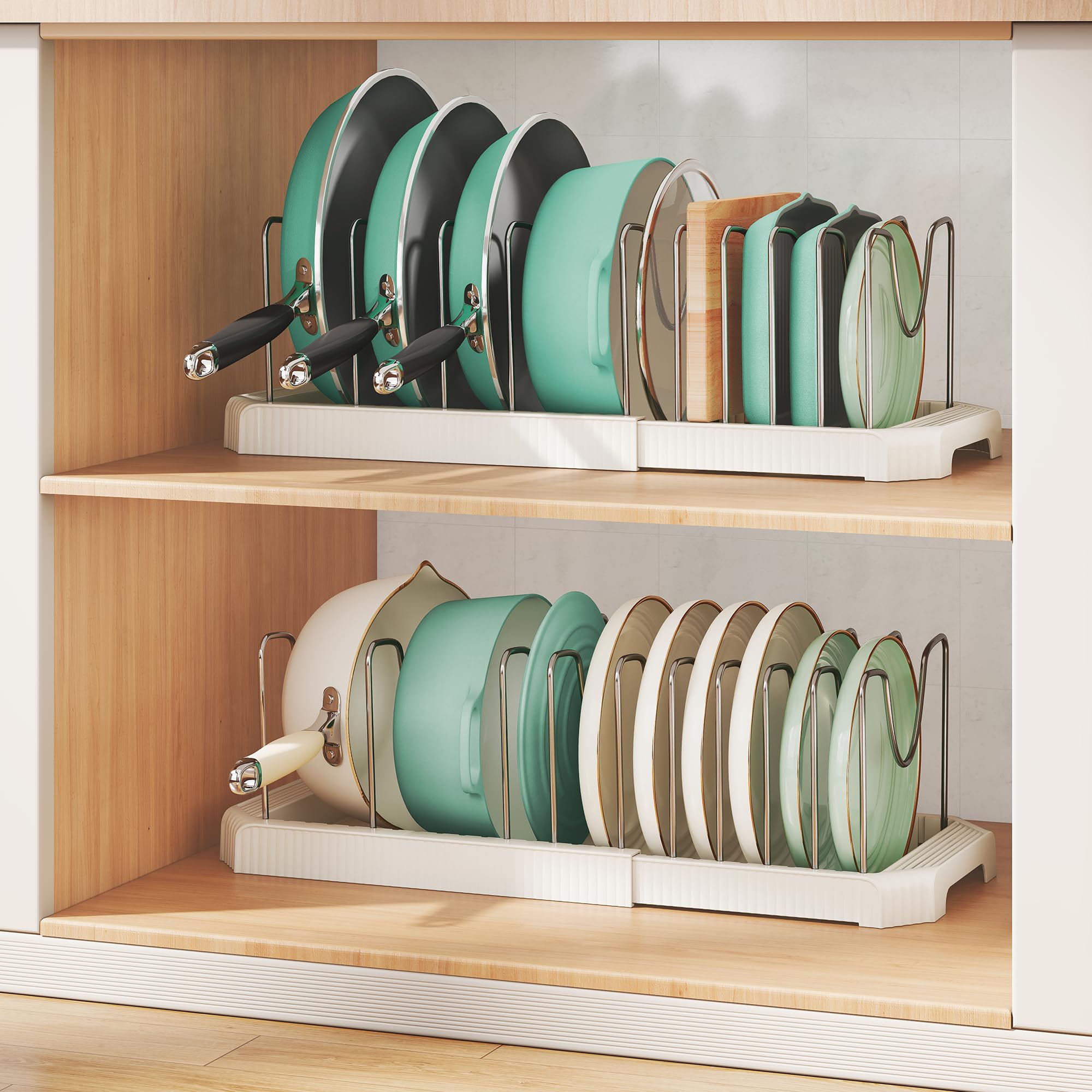 Pots and Pans Organizer for Under Cabinet, Expandable Pan Pot Organizers Inside Cabinet, Pot Rack for Kitchen Organizers and Storage Holder with Adjustable Compartment