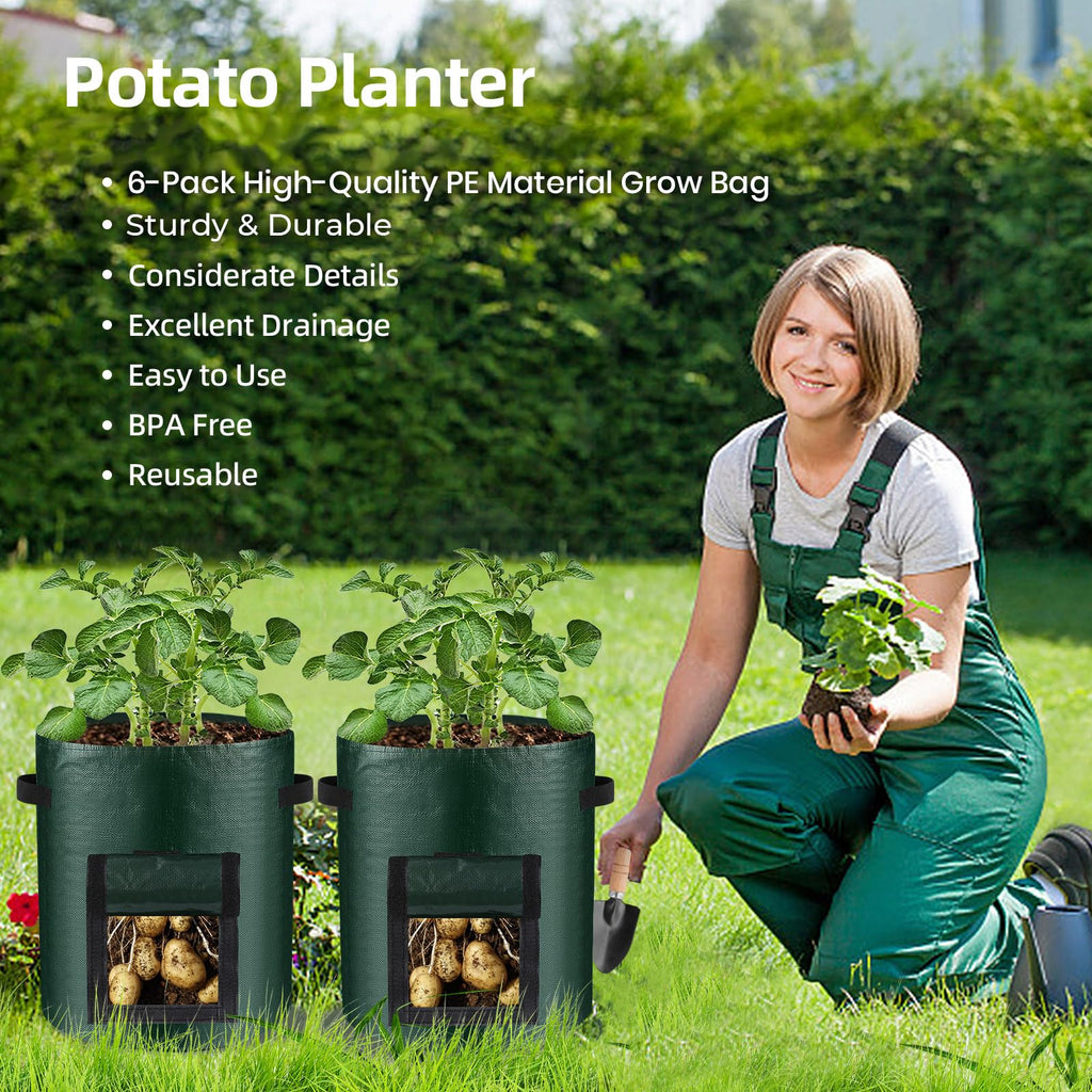 6 Pack Grow Bags, 10 Gallon Potato Growing Bags Durable PE Vegetable Planter Bag with Flap and Handles Large Garden Pots Potato Growing Containers for Vegetables, Fruits and More