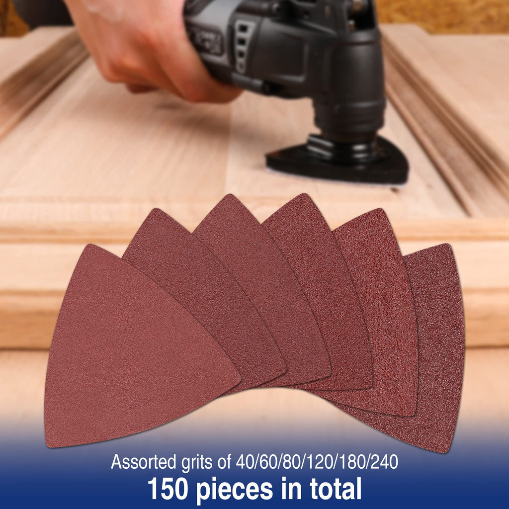 WORKPRO 150PCS Triangle Sanding Pads, 3-1/8 Inch Hook and Loop Fit for Oscillating Multi Tool, 40/60/80/120/180/240 Grit for Sanding, Grinding
