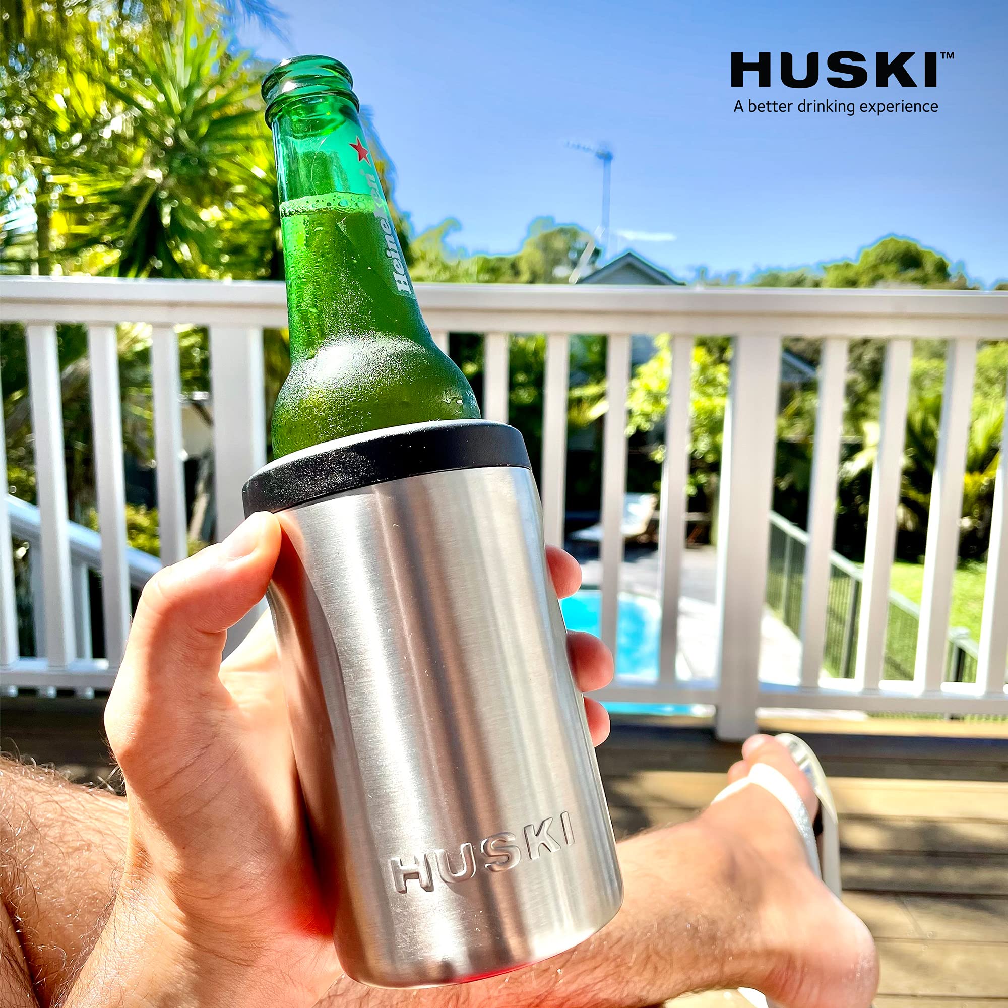 Huski Beer Cooler 2.0 | New | Premium Can and Bottle Holder | Triple Insulated Marine Grade Stainless Steel | Detachable 3-in-1 Opener | Works as a Tumbler | Best Gifts for Beer Lovers (Stainless)
