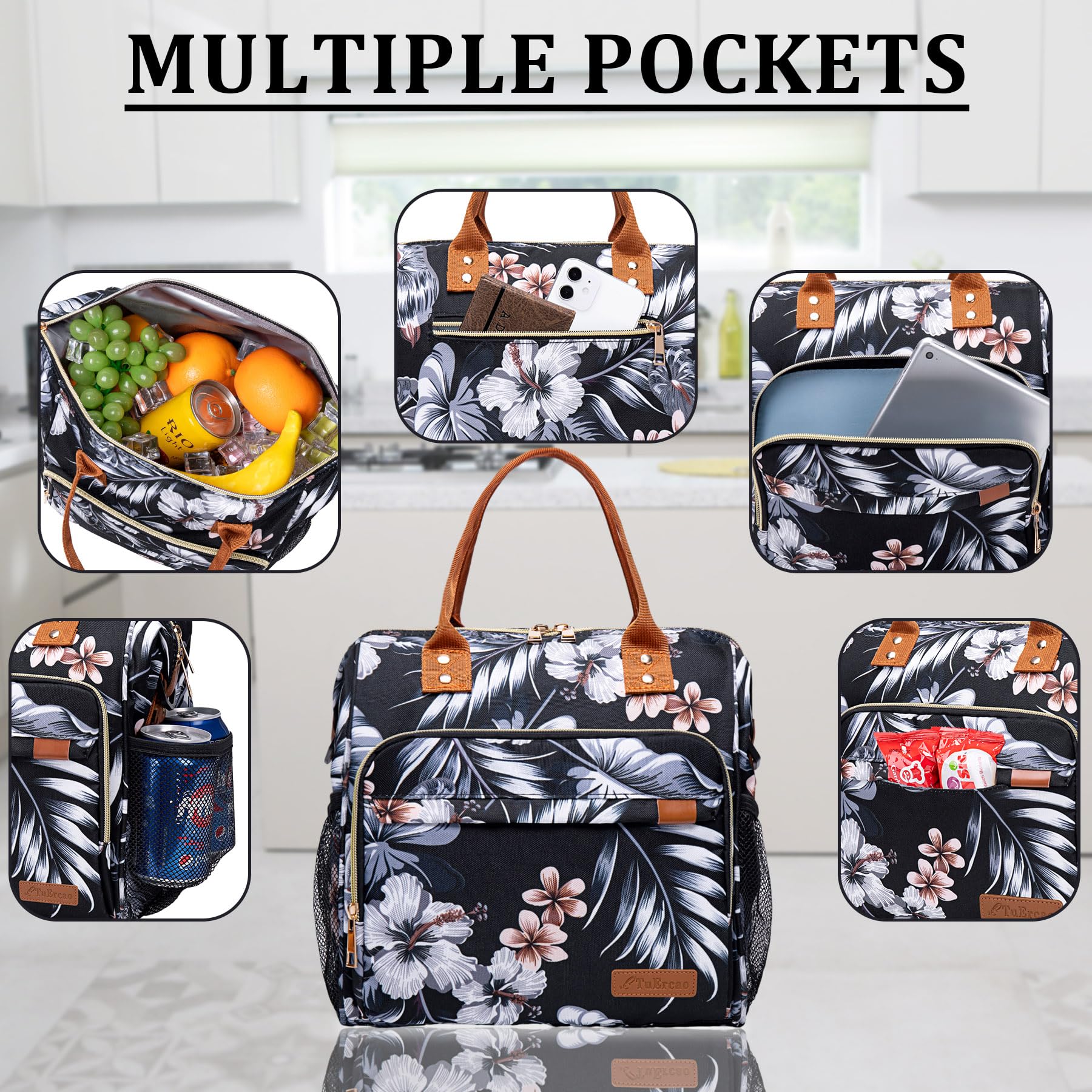 TuErcao Lunch Bags for Women - Boite a Lunch Femme Reusable Adult Sac a Lunch for Work, Hibiscus