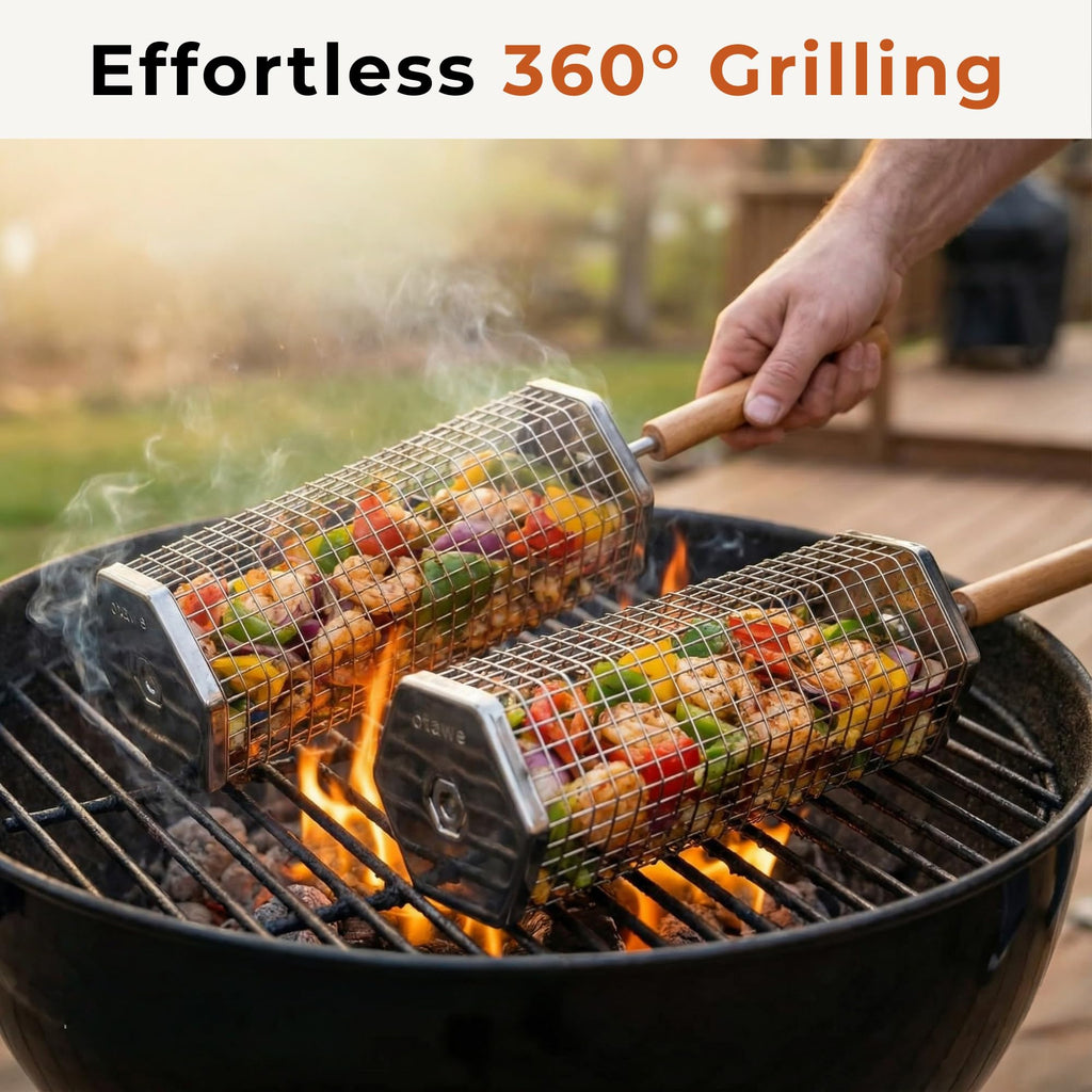 2 Pack Rolling Grill Basket – Stainless Steel Grilling Basket with Lid and Removable Wooden Handle – BBQ Accessories for Vegetables, Shrimp, Meat – Outdoor Cooking Gift for Dad or Husband