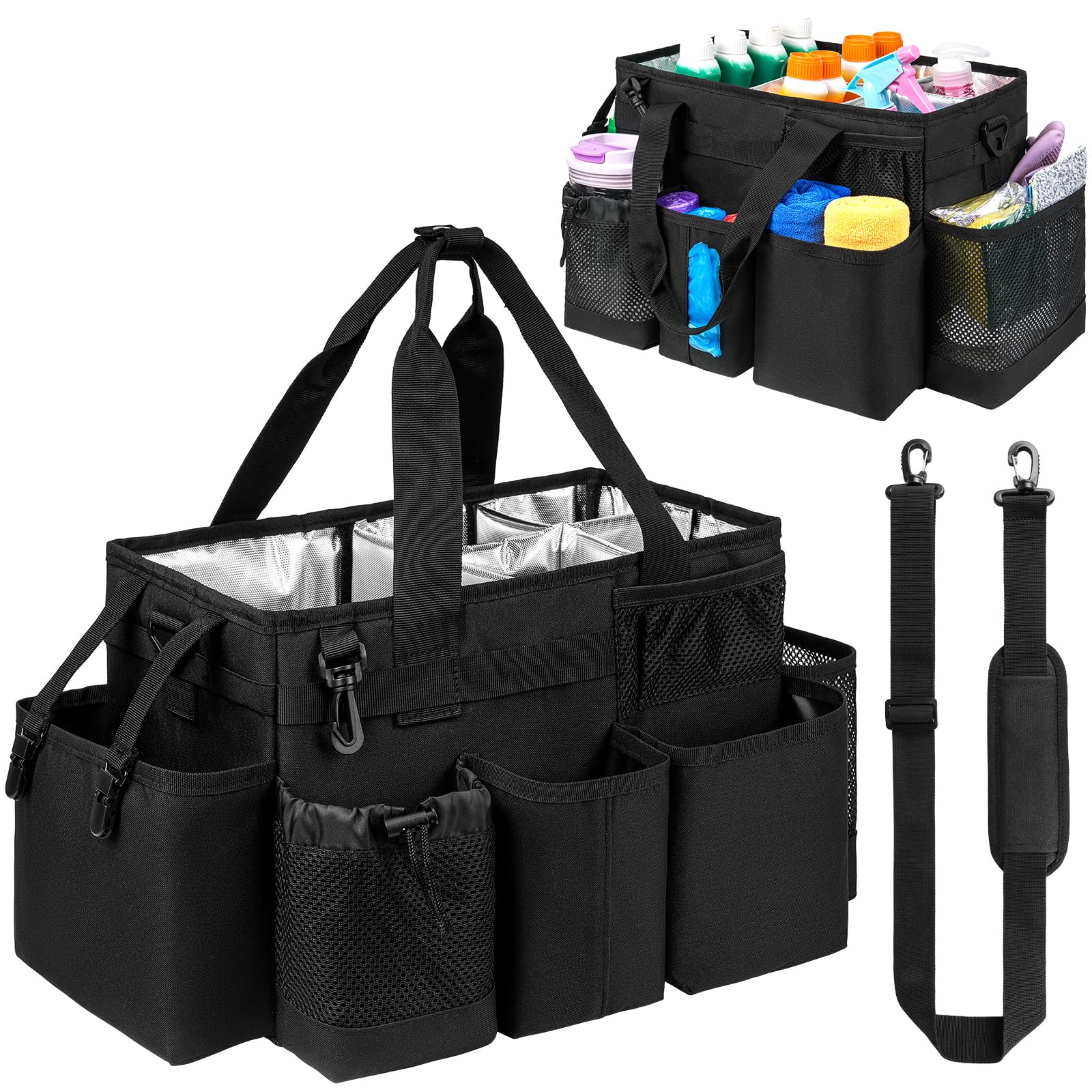 Jaffzora Cleaning Caddy Bag, Cleaning Supplies Organizer for Housekeepers, Housekeeping Caddy with Handle and Detachable Padded Cushion, Black