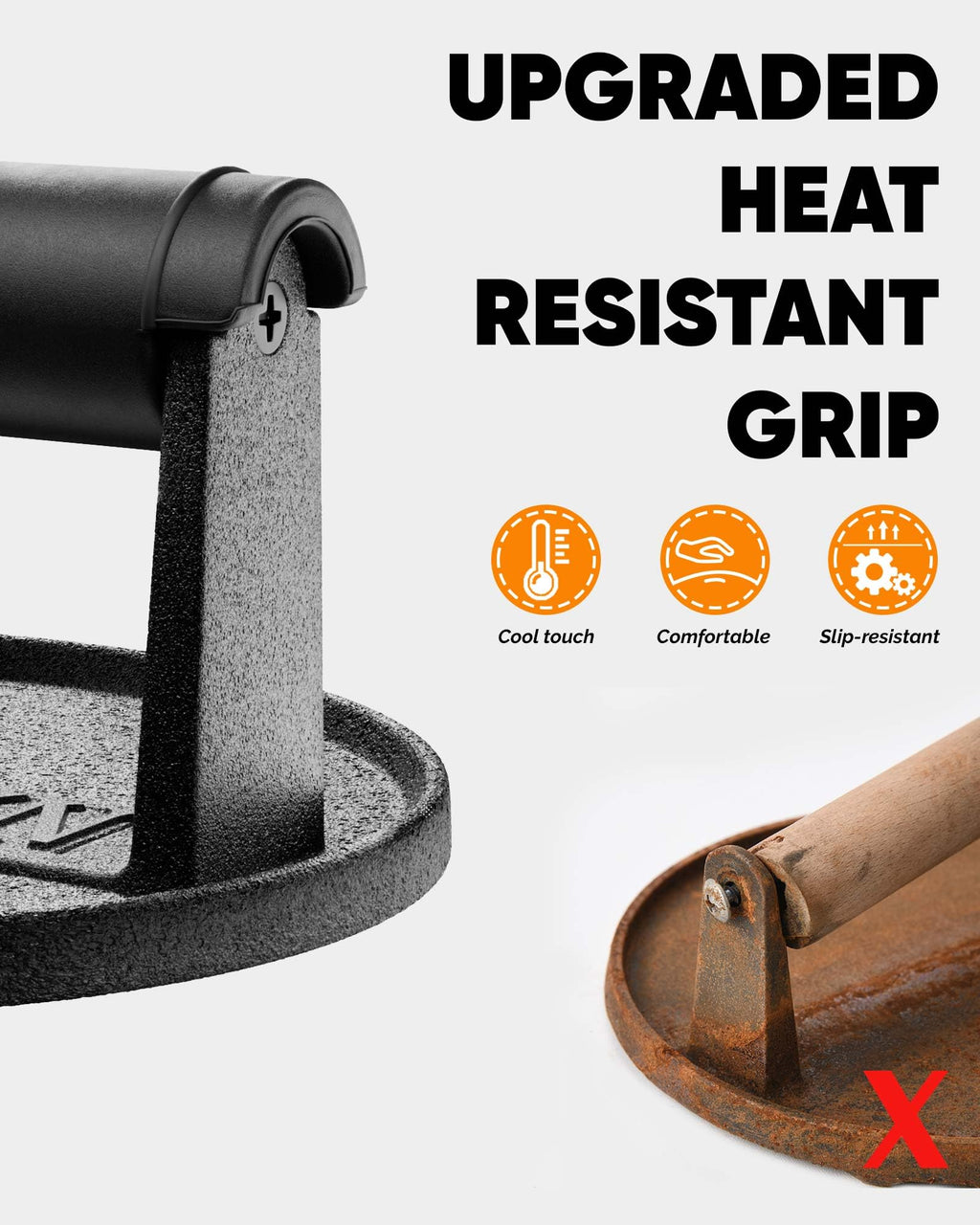 HULISEN Pre-Seasoned Cast Iron Burger Press, Heavy Duty 6” Burger Smasher for Griddle with Heat Resistant Handle, Grill Press for Hamburger, Bacon, Meat, Steak, Patty, Barbecue Grilling Tool