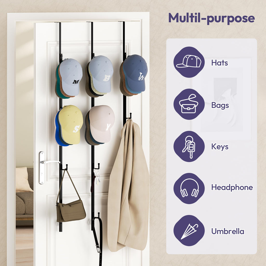 SWTYMIKI Over Door Hat Organizer - 3 Packs Metal Hanging Hat Rack with 12 Hooks Design, Hat Racks for Baseball Caps Hanger Organizer Storage Holds up to 60 Caps for Door, Bedroom, Closet