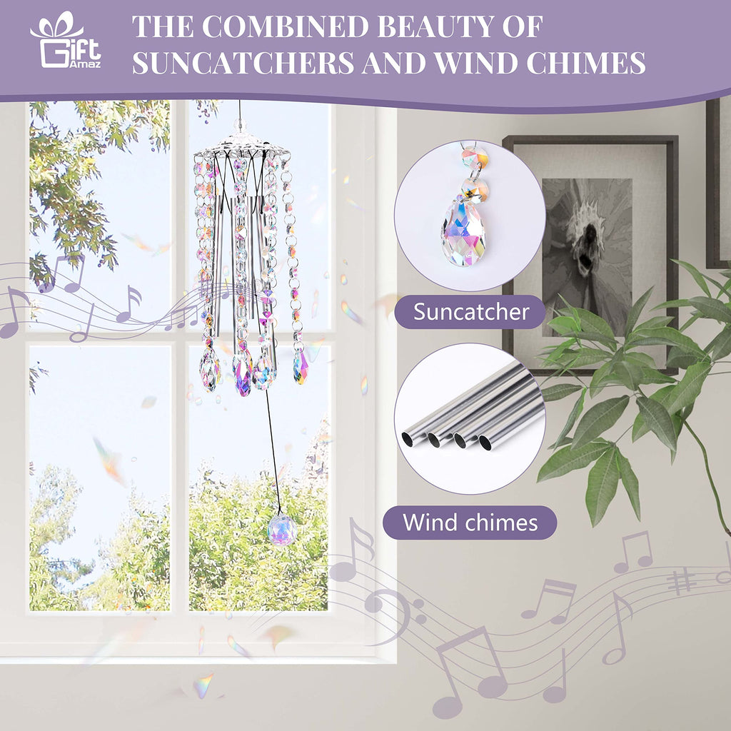 GiftAmaz Crystal Suncatcher Wind Chimes with 4 Tuned Tubes, Hanging Prism Rainbow Maker Chandelier Crystal Pendant Wind Chime Window Hanging Ornament Gift for Women Friends Home Garden Decor Birthday