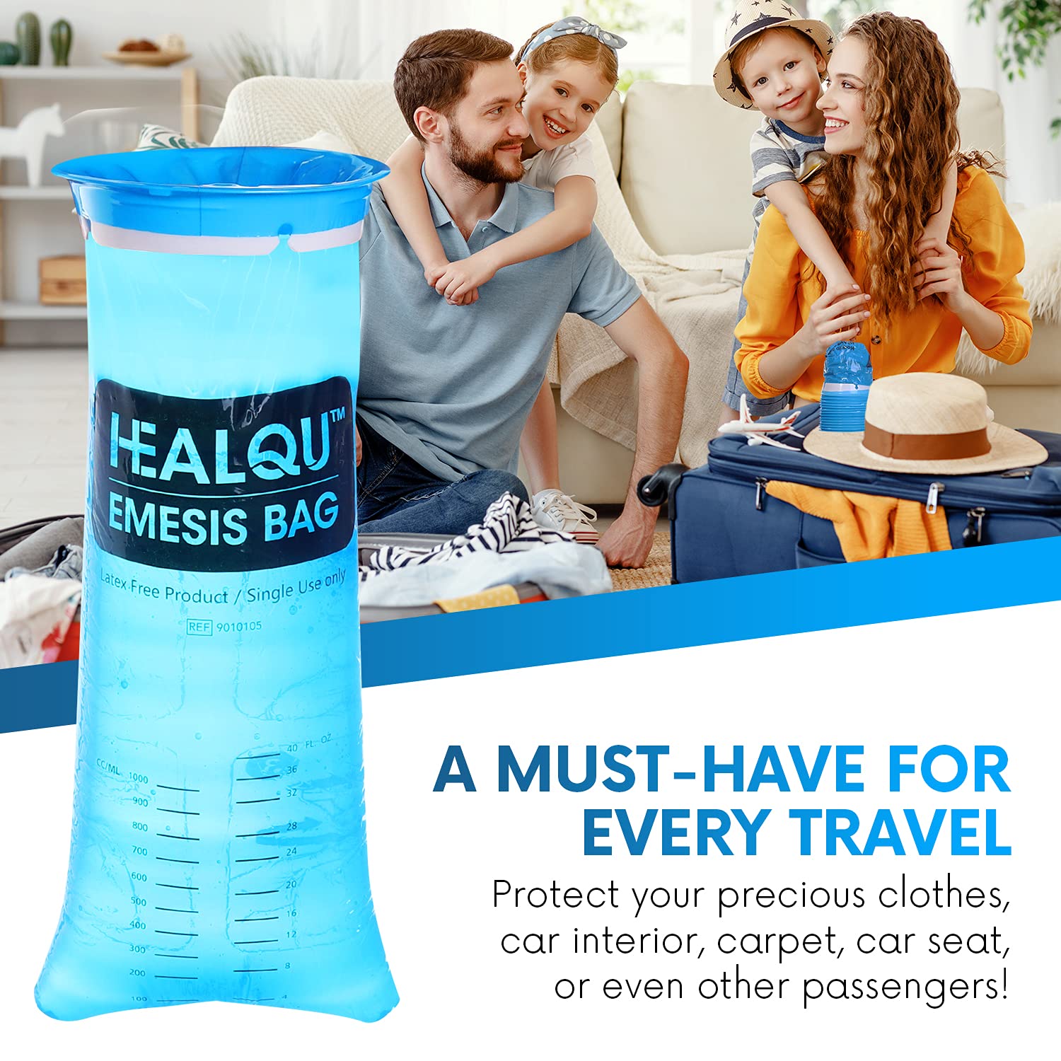 Healqu Hospital Vomit Bags - 24 Pack 1000ml Car Throw Up Bag - for Airsick Travel & Motion Sickness - Leak Resistant Medical Grade Puke Bag - Disposable Barf Bags Throw Up, Nausea