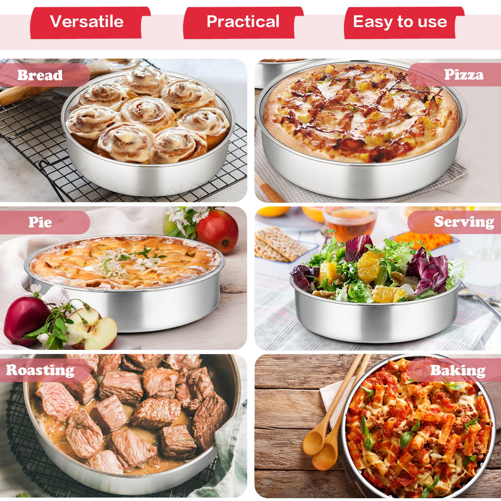 P&P CHEF 8 Inch Cake Pan Set, 3 Pcs Round Baking Pans Stainless Steel Layer Birthday Wedding Cake Pans, Fit Oven/Pots/Pressure Cooker, Non Toxic & Heavy Duty, Dishwasher Safe