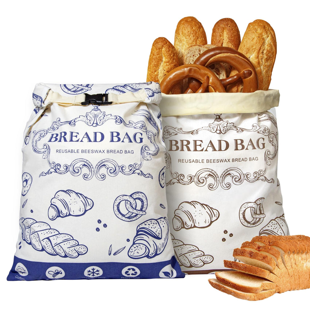 2 Pcs Beeswax Bread Bags,With Buckle Reusable Bread Bag,Large Capacity for Homemade Bread,Sourdough Bread Bags,Cotton Beeswax Bag for Fresh Bread Storage