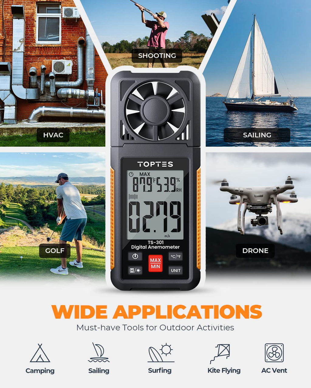 TopTes TS-301 Anemometer Handheld Wind Speed Meter with 2.26-inch LCD Screen, Backlit Air Flow Meter with 6 Measuring Units, Wind Gauge for Sailing/Surfing/Shooting/Drone/Home Vent - Orange
