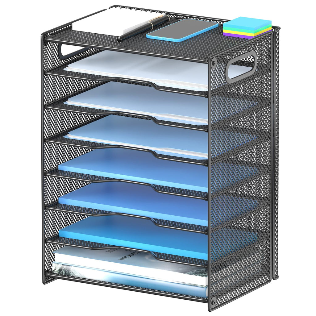 8-Tier Paper Organizer Letter Tray with Handle,OutWolf Mesh Desk File Document Organizer with 8 Tier Shelves and Sorter, Black