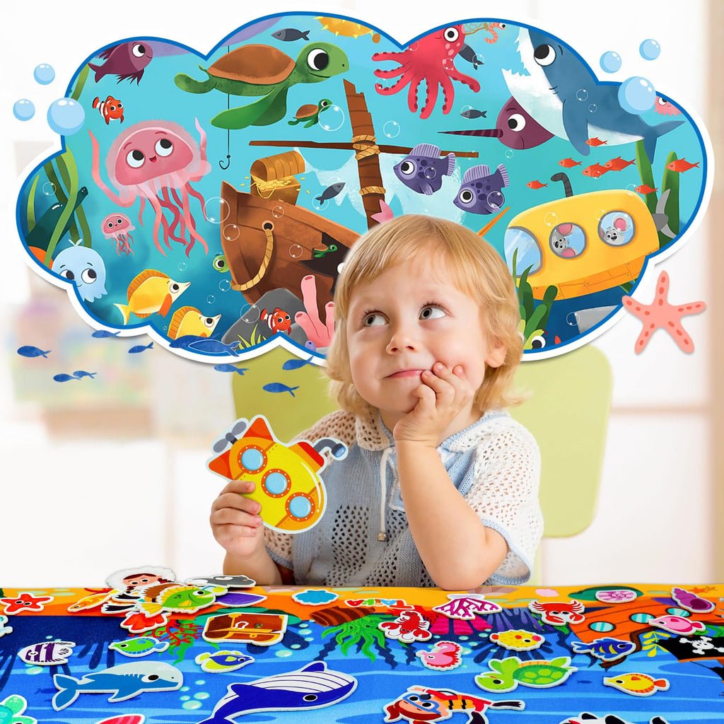 Taika 70 Pcs Ocean Creatures Felt Story Board Set, 43x28 inch Flannel Board, Fuzzy Felt Set, Preschool Storytelling, Classroom Educational Learning Play Kit, Interactive Teaching Kit for 4+