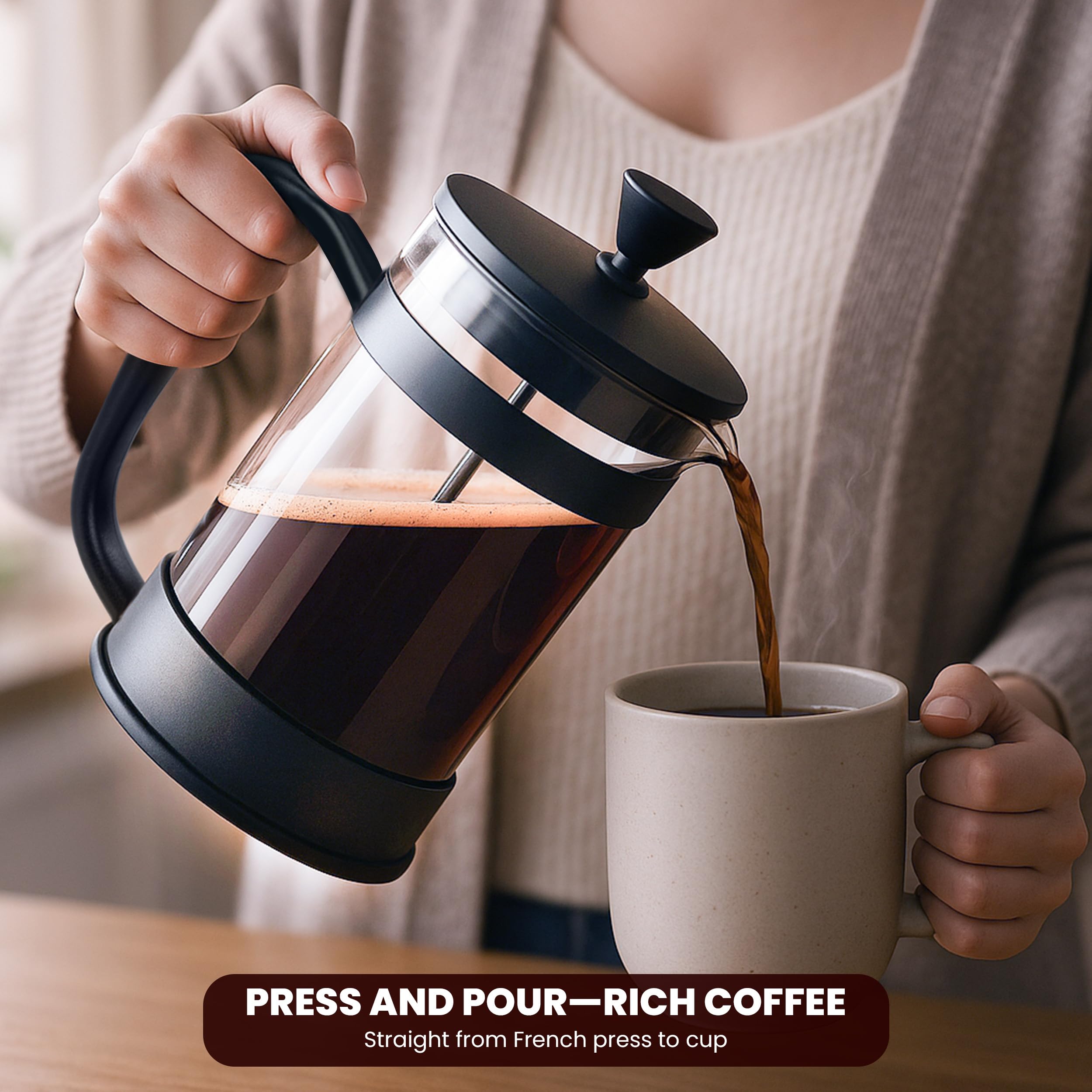 KICHLY - 34 Ounce French Press Espresso and Tea Maker with Triple Filters, Stainless Steel Plunger and Heat Resistant Borosilicate Glass, Black