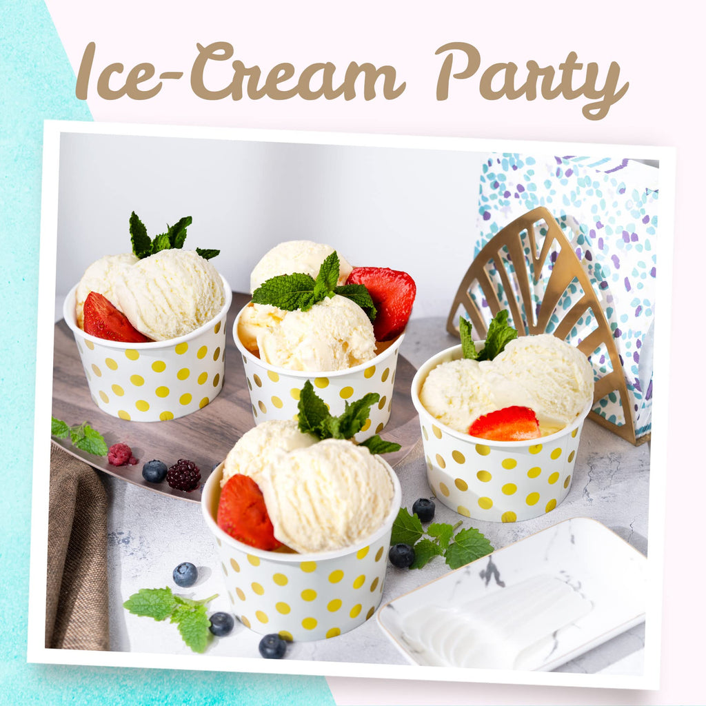 MATICAN 50-Count Paper Ice Cream Cups - 16-Oz Disposable Dessert Bowls with Gold Foil Polka Dots