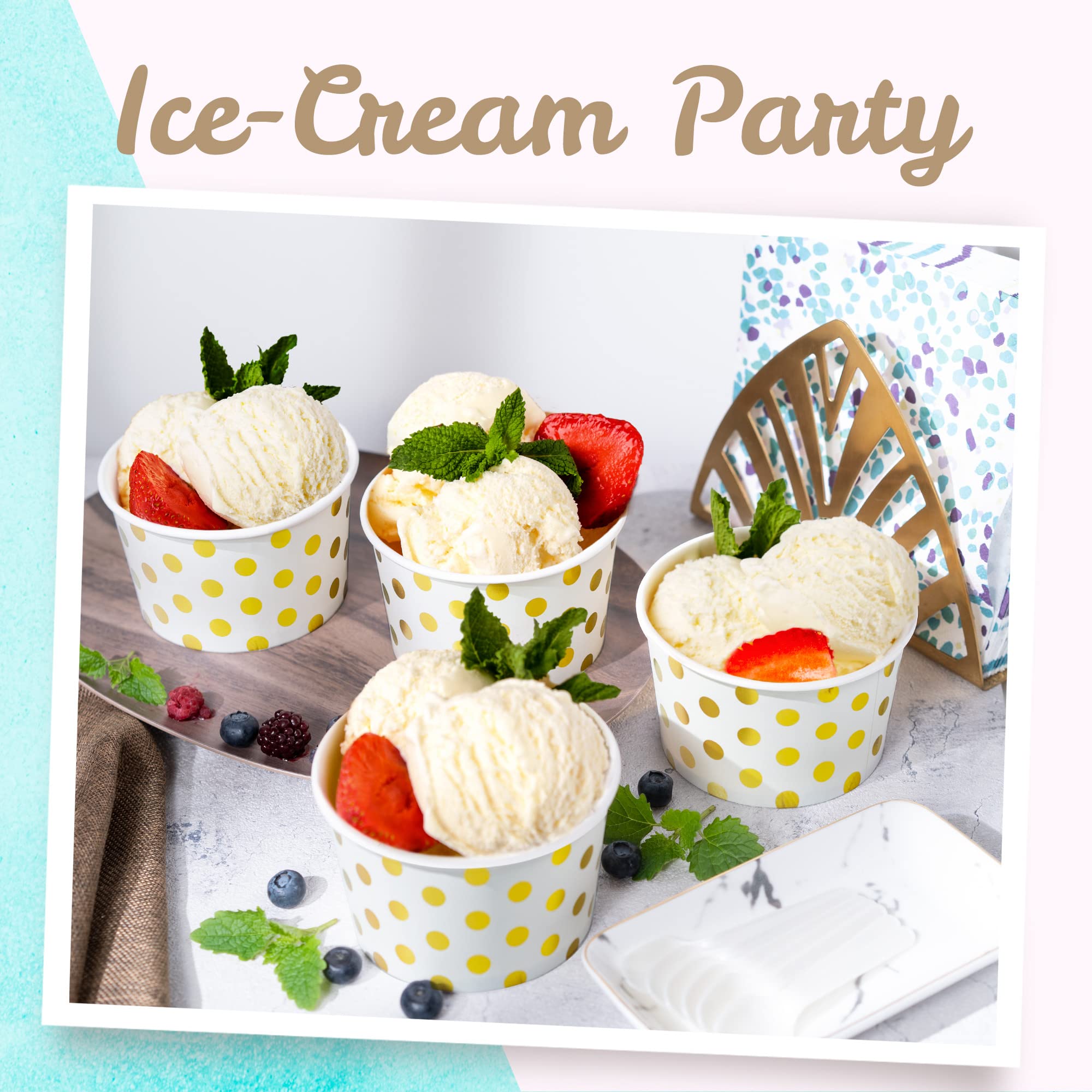 MATICAN 50-Count Paper Ice Cream Cups - 16-Oz Disposable Dessert Bowls with Gold Foil Polka Dots