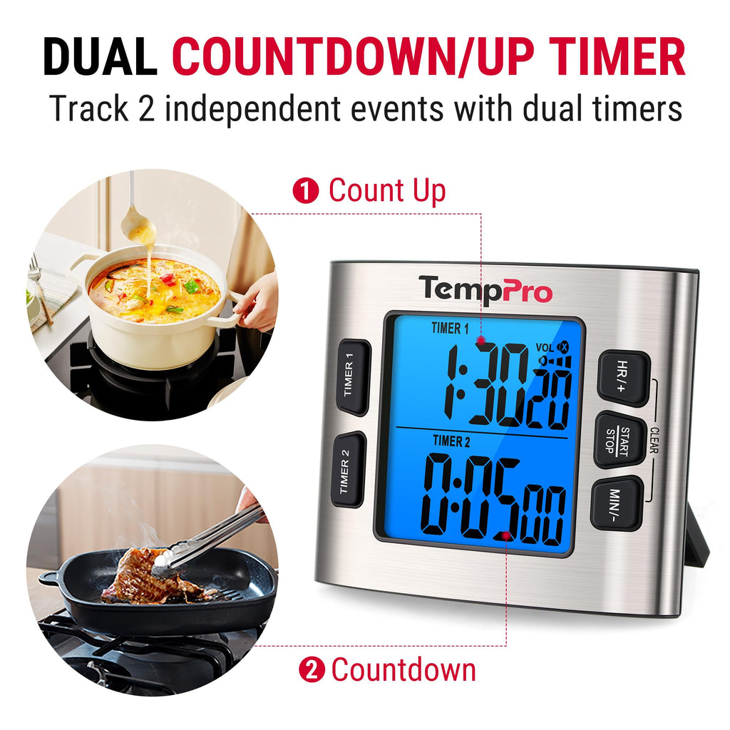 ThermoPro TM02 24 Hours Digital Timer with Dual Kitchen Timers for Cooking, Stop Watches Magnetic Timer Clock with Adjustable Alarm Volume & LCD Backlit Display, Classroom Timer for Kids & Teachers