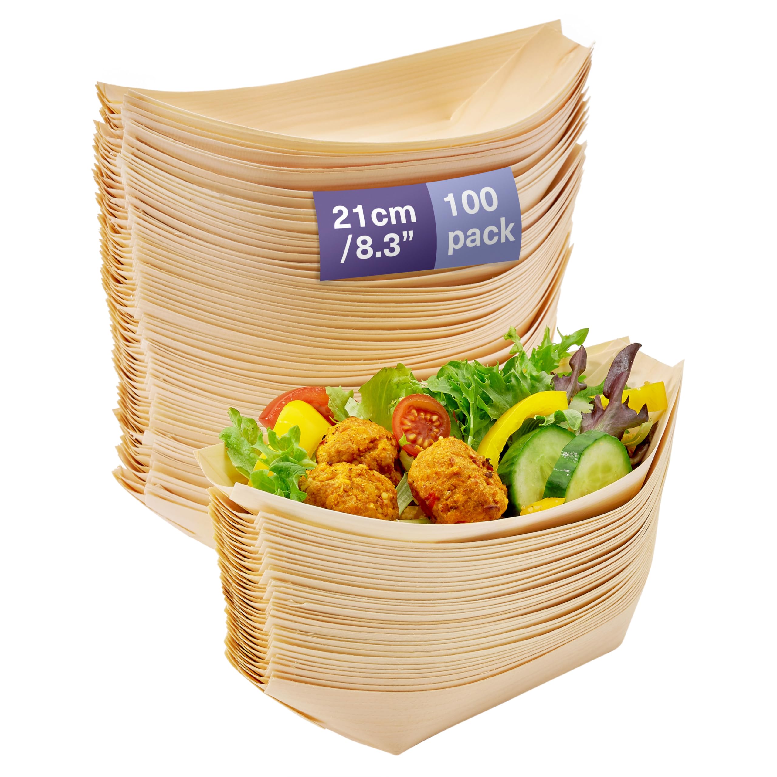 MATANA 8.3" Inch/ 22cm Large Bamboo Plates Disposable 100 Pack - Biodegradable Sushi Boat Serving Tray, Wood Paper Plates, Bamboo Vessel, Bamboo Bowls, Disposable Appetizer & Taco Plates
