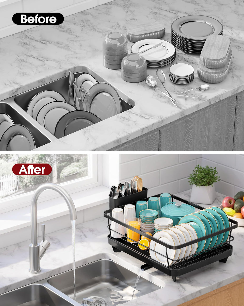 Sakugi Dish Drying Rack - Compact Dish Racks with Drain Board for Kitchen Counter, Durable Stainless Steel Dish Rack Used in Sink & on Countertop, Dark Black, Large