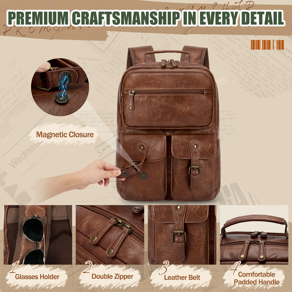 RAINSMORE Travel Backpack for Men & Women 15.6 Inch leather Laptop Bag with USB Charging Port Waterproof Laptop Backpack Large Capacity Carry On Backpack Computer Bag for College, Business and Travel