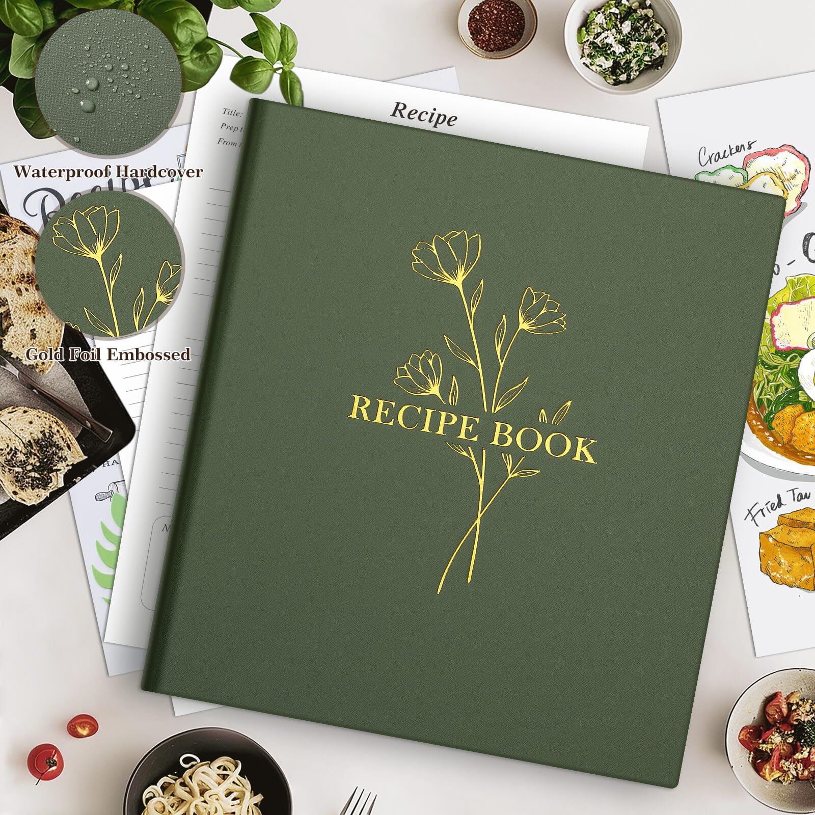 Lanpn Recipe Binder 8.5x11 3 Ring Kit, Waterproof Recipe Book Organizer Binder with 60 Plastic Sleeves,116 Recipes, Dividers,Labels & Stickers, Blank Recipe Binder to Write in Your Own Recipes, Green