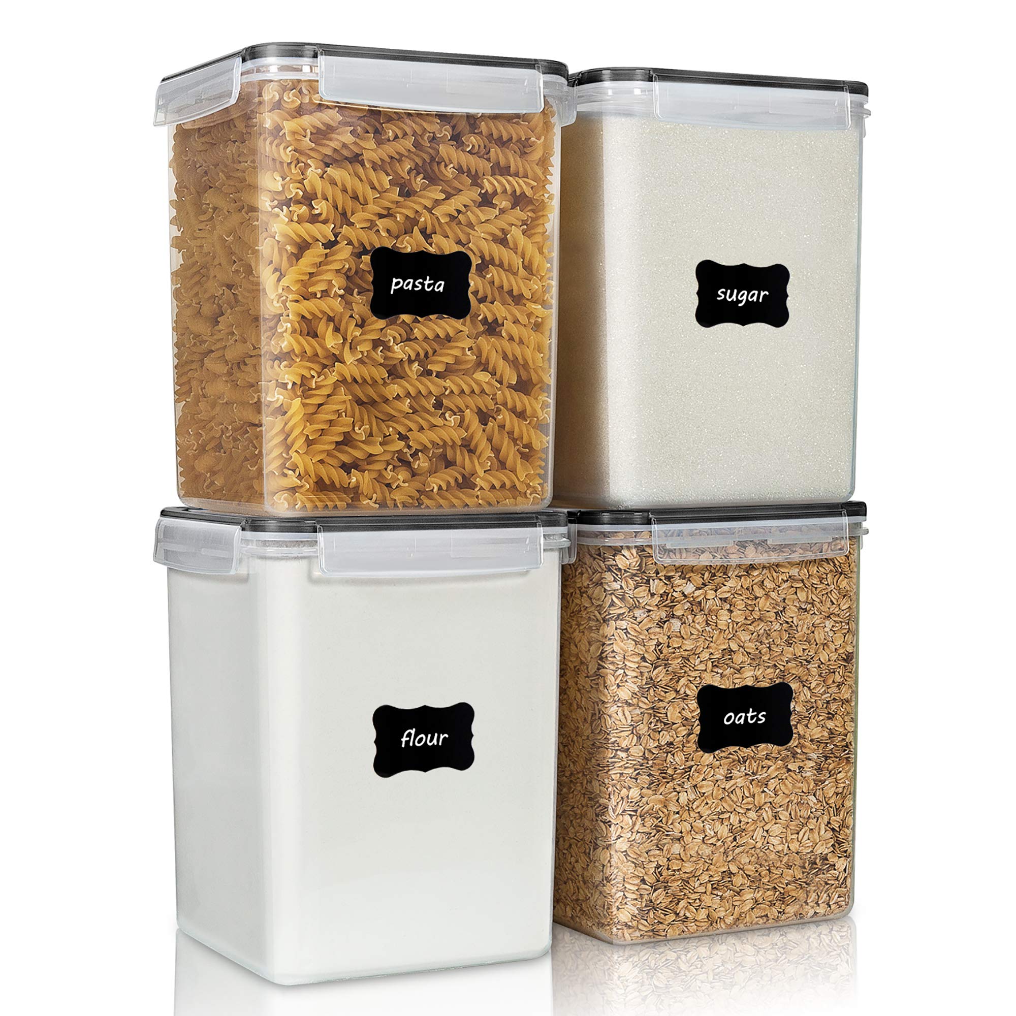 Vtopmart 4 Pcs Large Pantry Food Storage Containers 5.2L, 176oz, Plastic Airtight Kitchen Organizers and Storage for Flour, Cereal, and Pasta with 4 Measuring Cups and 24 Labels, Black