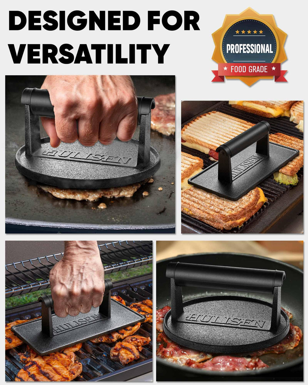 HULISEN Pre-Seasoned Cast Iron Burger Press, Heavy Duty 6” Burger Smasher for Griddle with Heat Resistant Handle, Grill Press for Hamburger, Bacon, Meat, Steak, Patty, Barbecue Grilling Tool