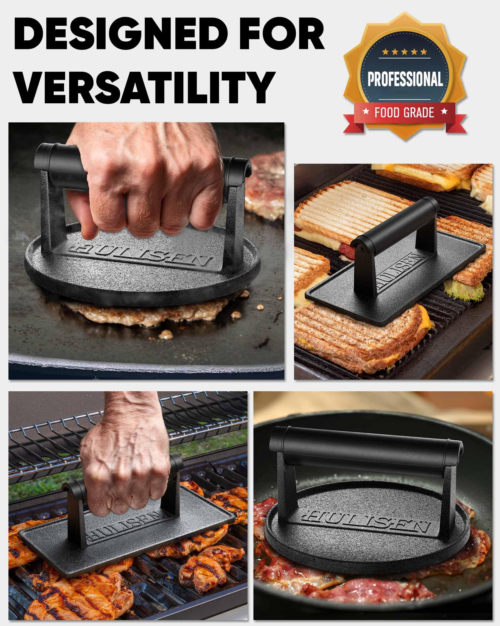 HULISEN Pre-Seasoned Cast Iron Burger Press, Heavy Duty 6” Burger Smasher for Griddle with Heat Resistant Handle, Grill Press for Hamburger, Bacon, Meat, Steak, Patty, Barbecue Grilling Tool