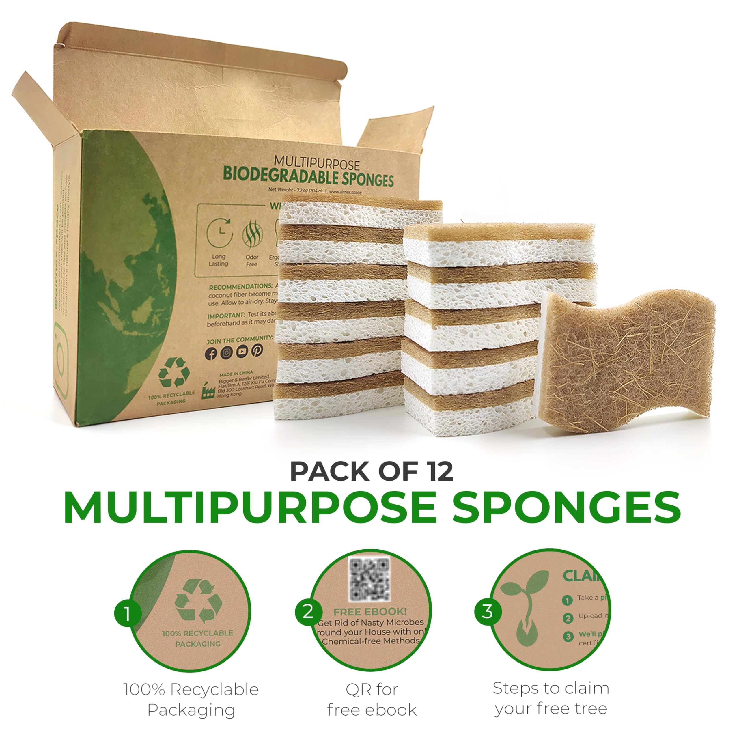 AIRNEX 12 Pack Biodegradable Natural Kitchen Sponges - Eco Friendly Cellulose and Coconut Dish Scrubbers - Non Scratch, Odourless Dual Sided Multipurpose Sponges
