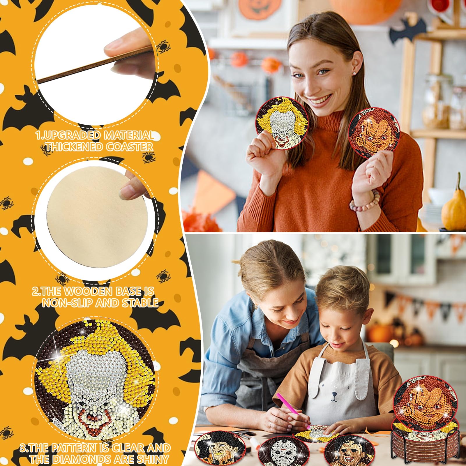 Lukinuo 8pcs Diamond Painting Coasters Kit with Holder Cork Base DIY Halloween Coaster Diamond Art Kit Full Drill Rhinestone Painting Kits for Beginners Adults Kids Art Craft Halloween Supplies