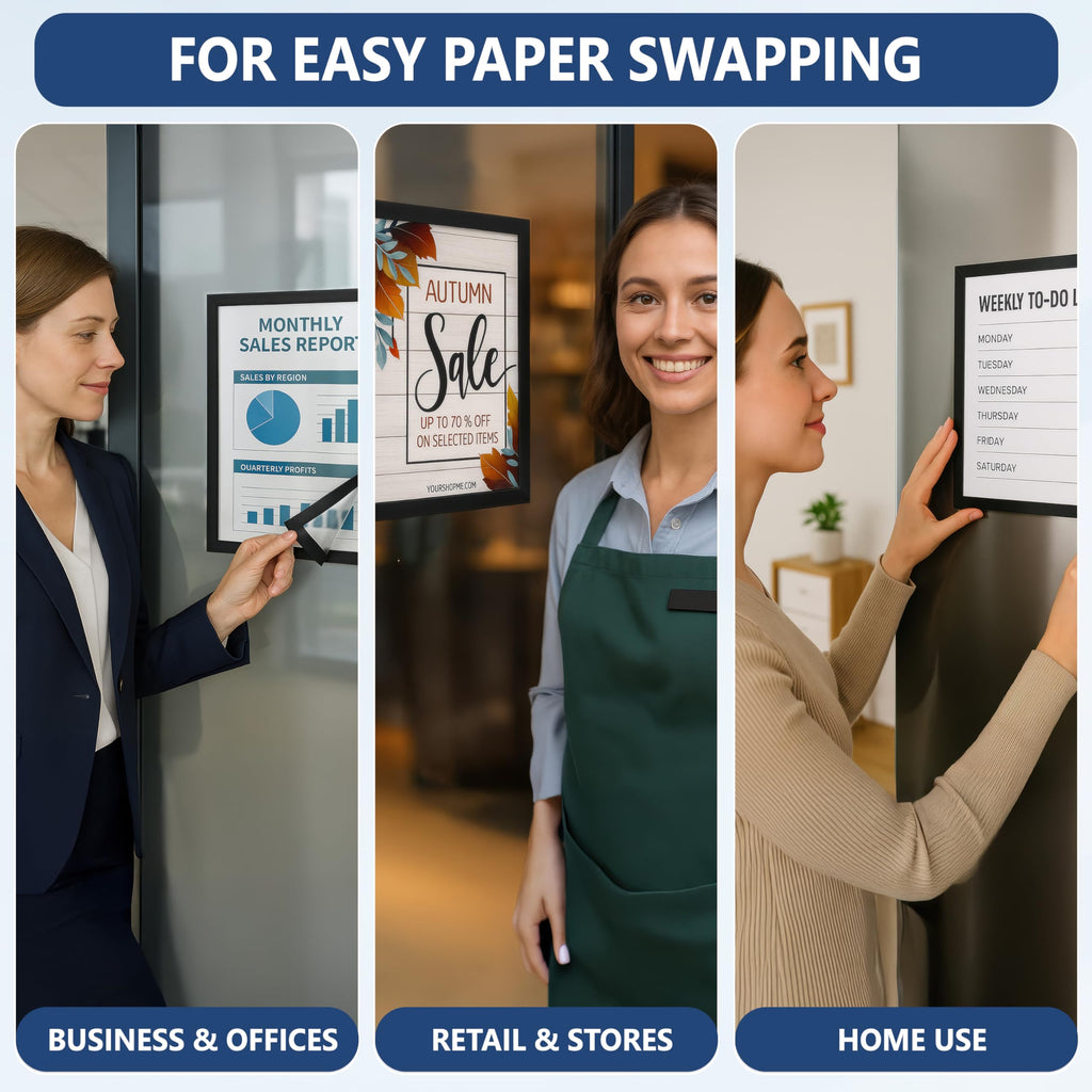 12 Pack Magnetic Sign Holder 8.5 x 11 with Adhesive Back - Magnetics Poster Frame & Magnetic Paper Holder - Reusable Adhesive Frames 8.5x11 - Magnet Frame for Wall Windows - Magnet Document Holders