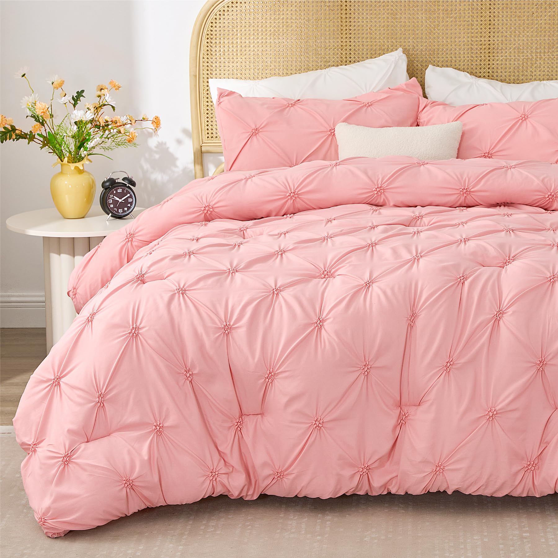 BEDELITE Queen Comforter Set Pink - 3 Pieces Boho Pintuck Bedding Sets, Queen Size Bed Set with 2 Pillow Shams for All Seasons, Room Decor Valentine's Gift,Lightweight Soft and Warm