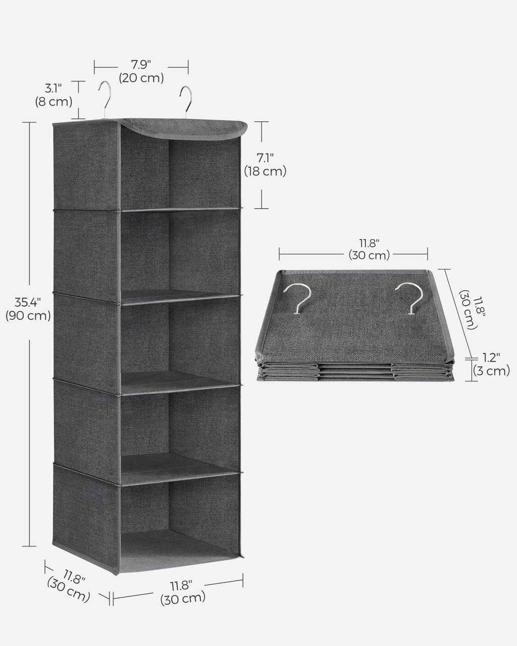 SONGMICS Hanging Closet Organizer, Set of 2, Hanging Storage Shelves, Space-Saving and Foldable, Metal Hooks and Bamboo Inserts, Gray
