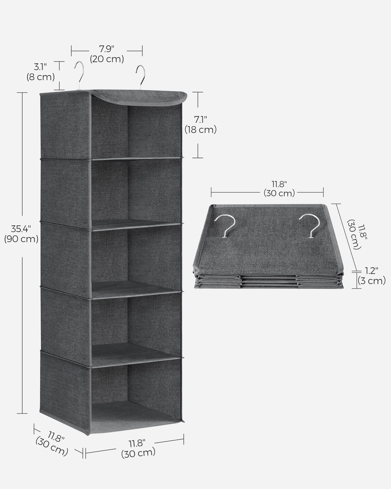 SONGMICS Hanging Closet Organizer, Set of 2, Hanging Storage Shelves, Space-Saving and Foldable, Metal Hooks and Bamboo Inserts, Gray