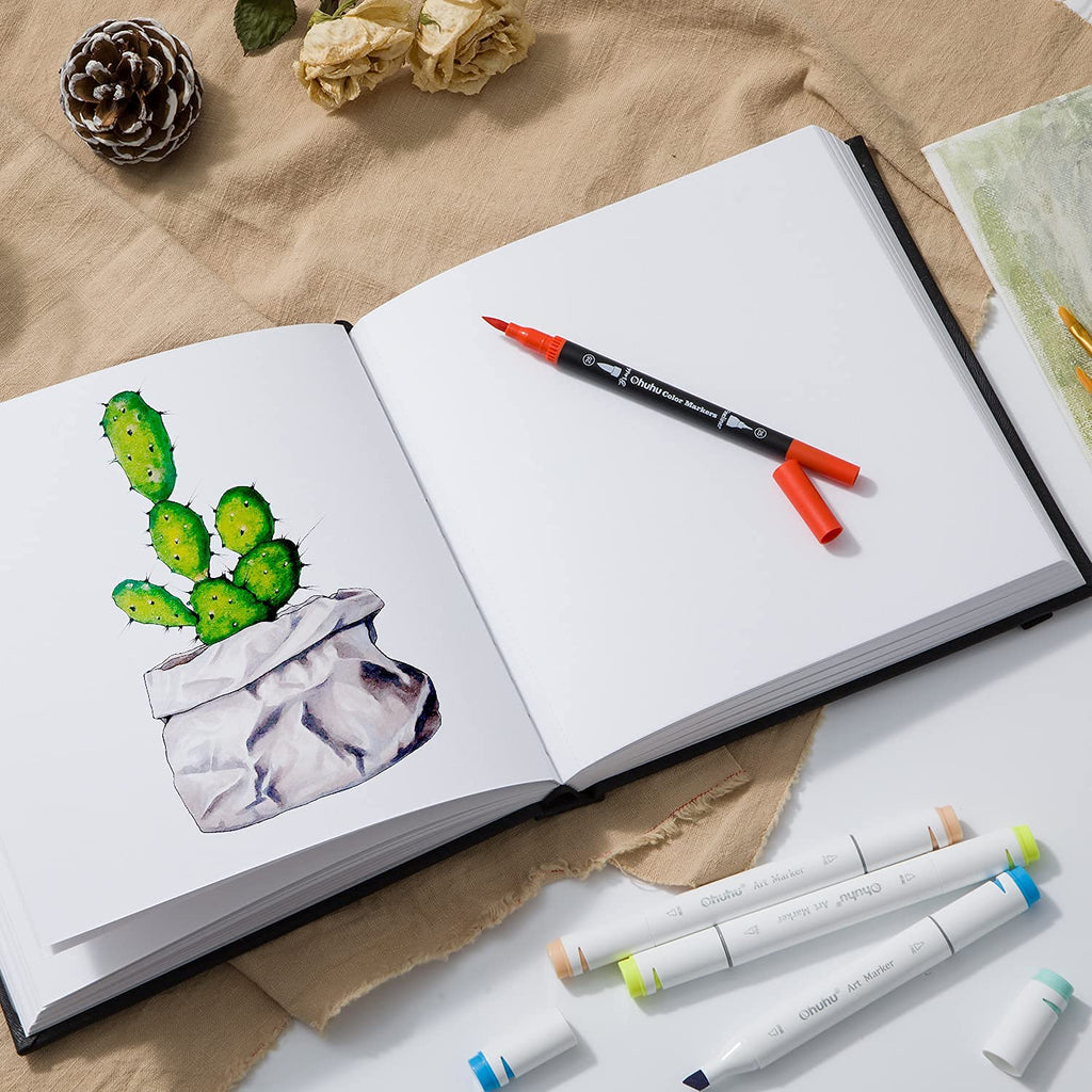 Mix Media Sketchbook, Ohuhu 8.3"×8.3" Watercolour Sketchbook for Wet or Dry Media, 120 LB/200 GSM Heavyweight Mixed Media Art Papers, 78 Sheets/156 Pages, PU Hardcover Mixed Media Paper Pad for Acrylic, Painting