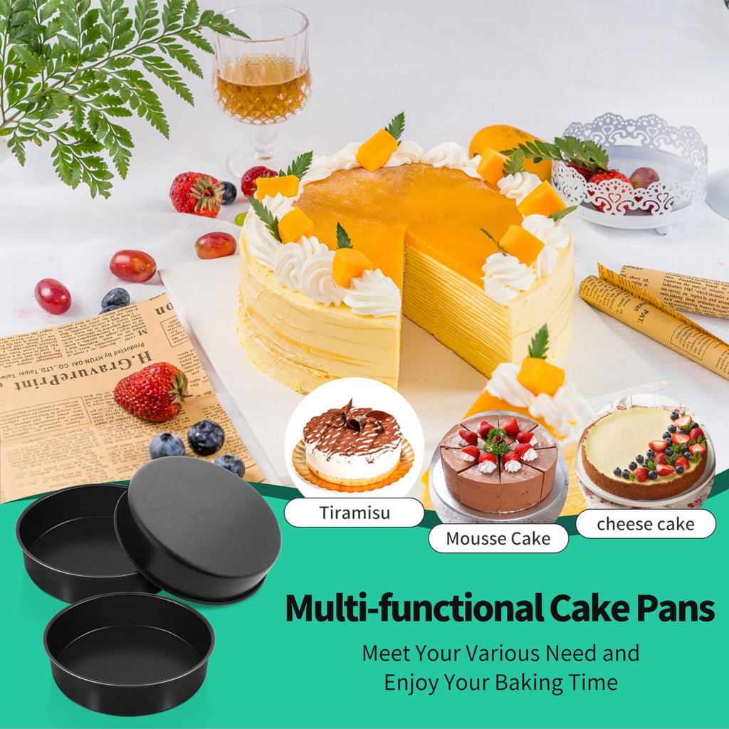 8 Inch Round Cake Pan Set, P&P CHEF 3 Piece Non-Stick Cake Baking Pans for Birthday Wedding Layer Cakes, Stainless Steel Core & One-Piece Design, Sturdy & Healthy, Black