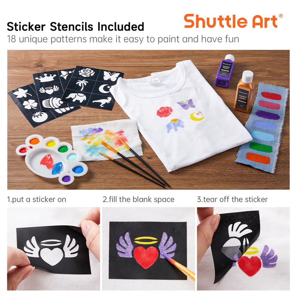Shuttle Art Fabric Paint, 18 Colors Permanent Soft Fabric Paint in Bottles (60ml/2oz) with Brushes, Palette, Stencils, Textile Paint for T-Shirts, Shoes, Jeans, Bags, DIY Projects & Art Crafts