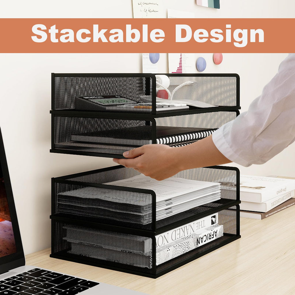 Natwind 4 Tier Stackable Paper Trays for Letter Documents, Desktop File Organizers for Office Supplies, Metal Mesh Desk Organizer，Office Organizer，Letter Trays for Home, Office, School，Black