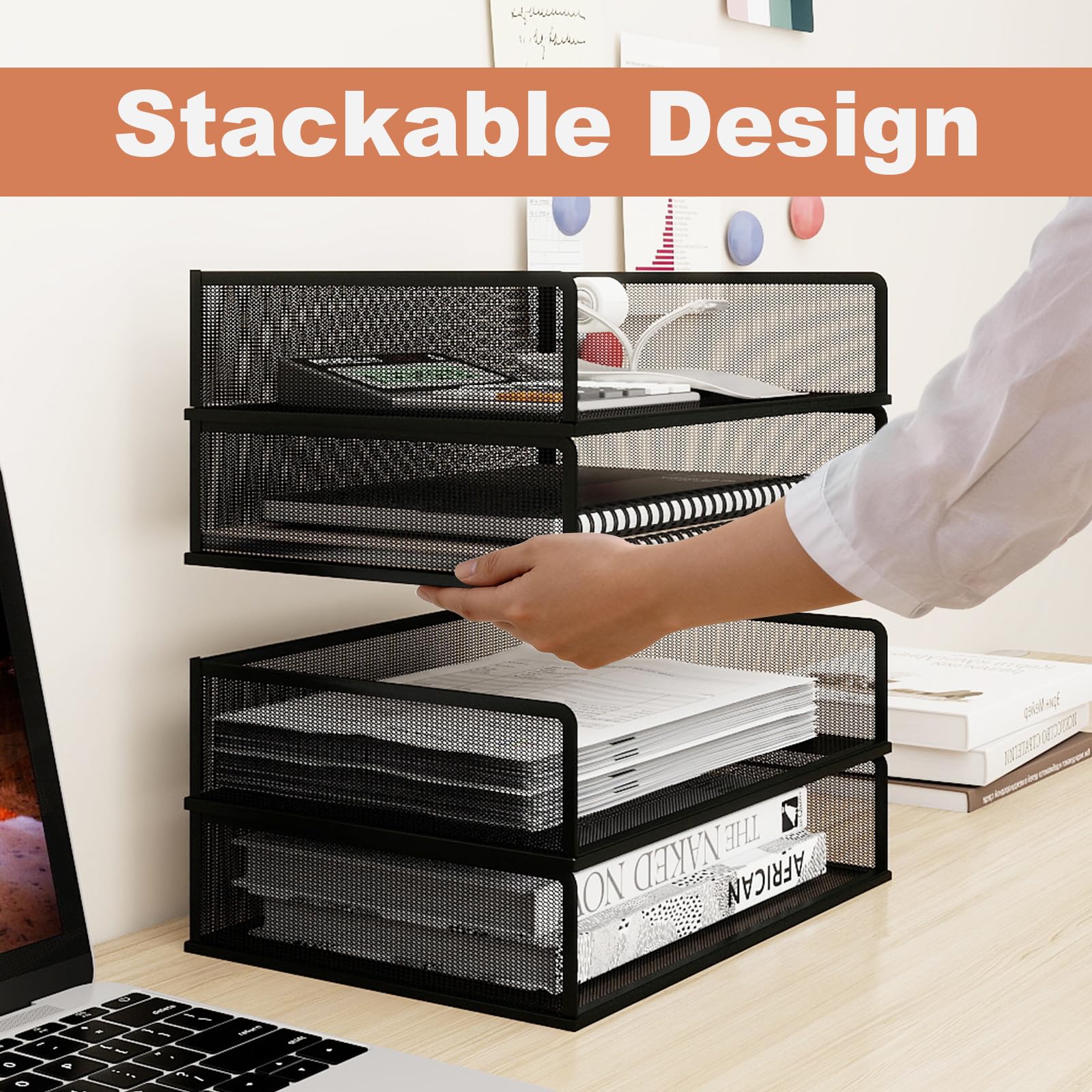 Natwind 4 Tier Stackable Paper Trays for Letter Documents, Desktop File Organizers for Office Supplies, Metal Mesh Desk Organizer，Office Organizer，Letter Trays for Home, Office, School，Black