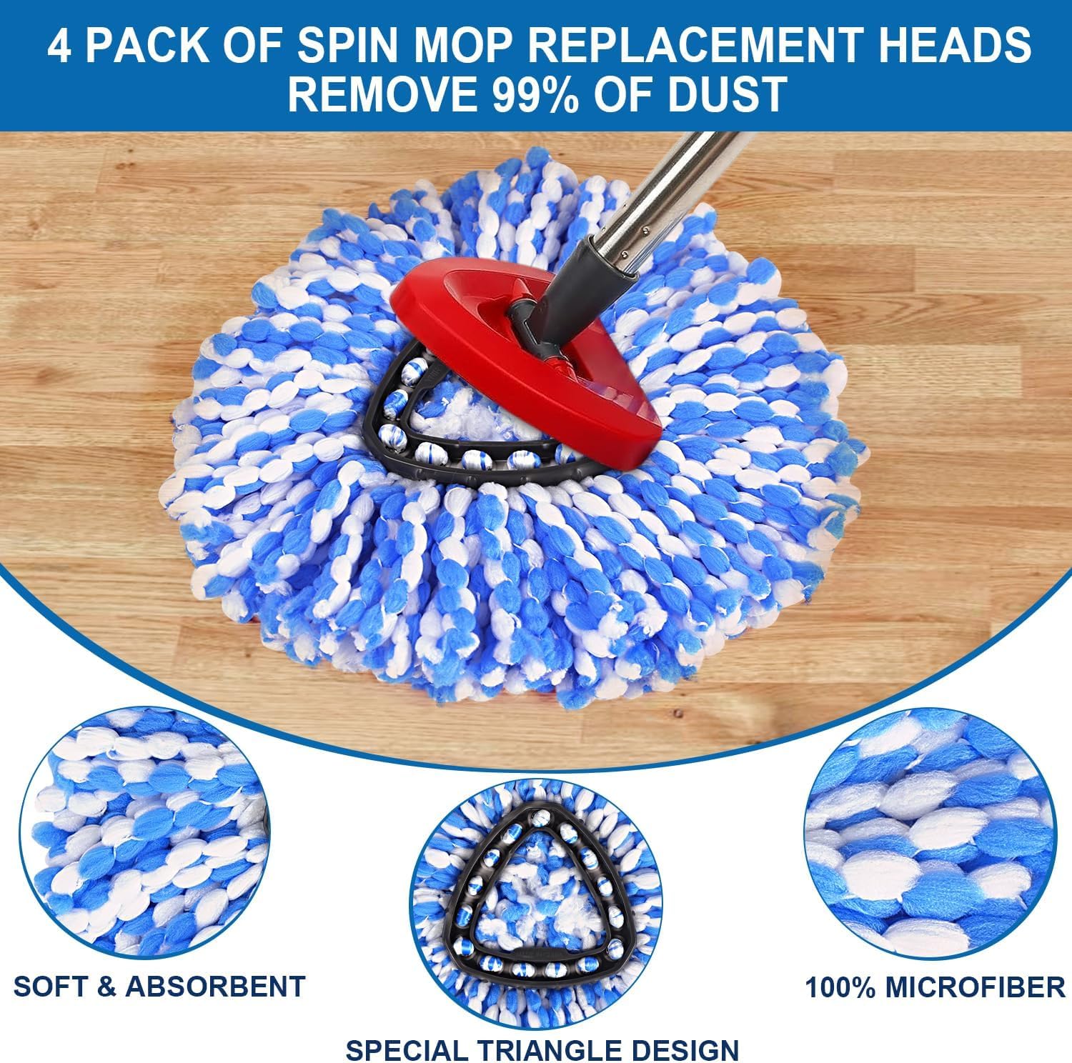 Spin Mop Replacement Head for O-Cedar RinseClean 2-Tank System, 360° Microfiber Mop Head Refill, Easy Cleaning Mop Pads, Machine Washable