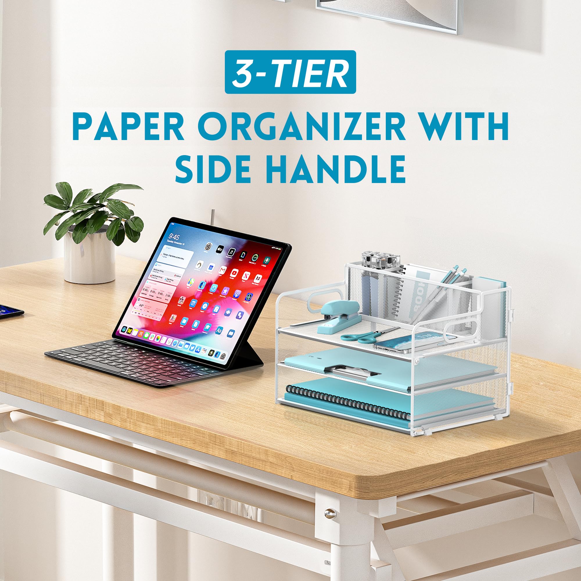 JMHUD 3-Tier Paper Letter Tray Organizer with Pen Holder, Mesh Desk Accessories & Workspace Organizers with Handle, File Sorter Office Supplies for Desk,White