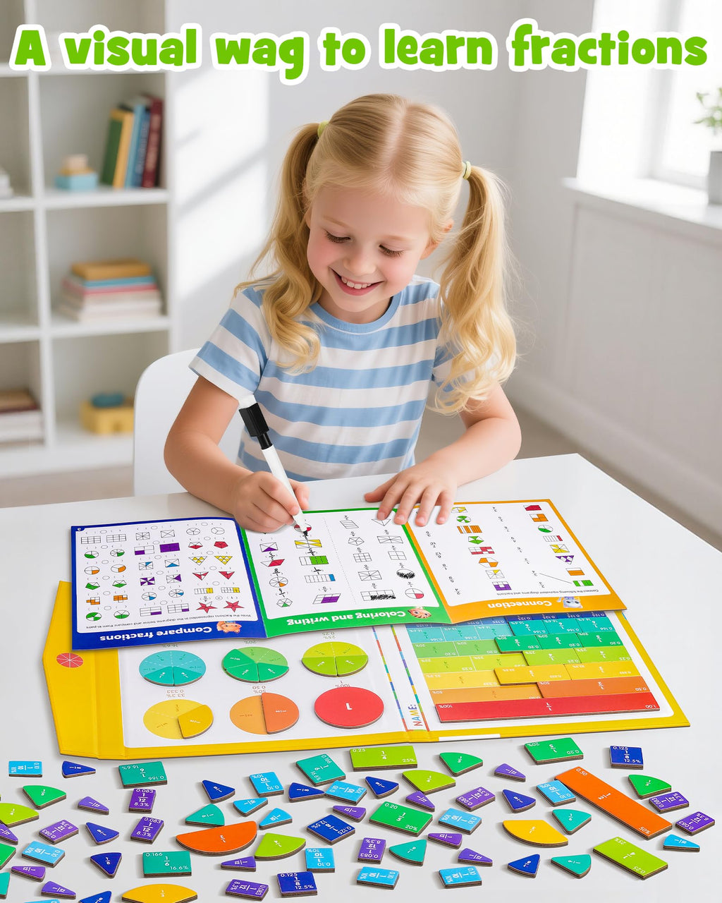 D-FantiX Large Magnetic Fraction Demonstration Book, Magnetic Fraction Tiles & Fraction Circles Set, Montessori Fraction Manipulatives Learning Tools for Elementary School Kids Students
