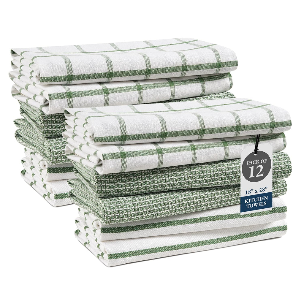 Kitchen Towels Set - Pack of 12 Cotton Dish Towels for Drying Dishes, 18”x 28”, Kitchen Hand Towels, Absorbent Tea Towel, Premium Towels for Kitchen, Quick Drying - Olive