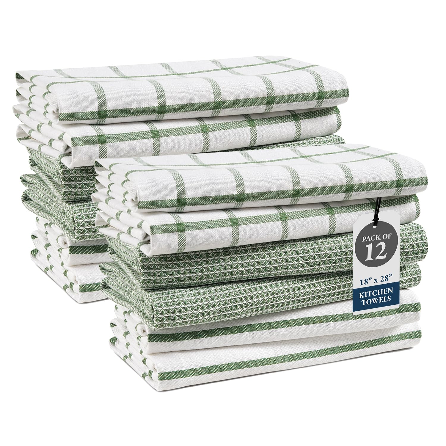 Kitchen Towels Set - Pack of 12 Cotton Dish Towels for Drying Dishes, 18”x 28”, Kitchen Hand Towels, Absorbent Tea Towel, Premium Towels for Kitchen, Quick Drying - Olive