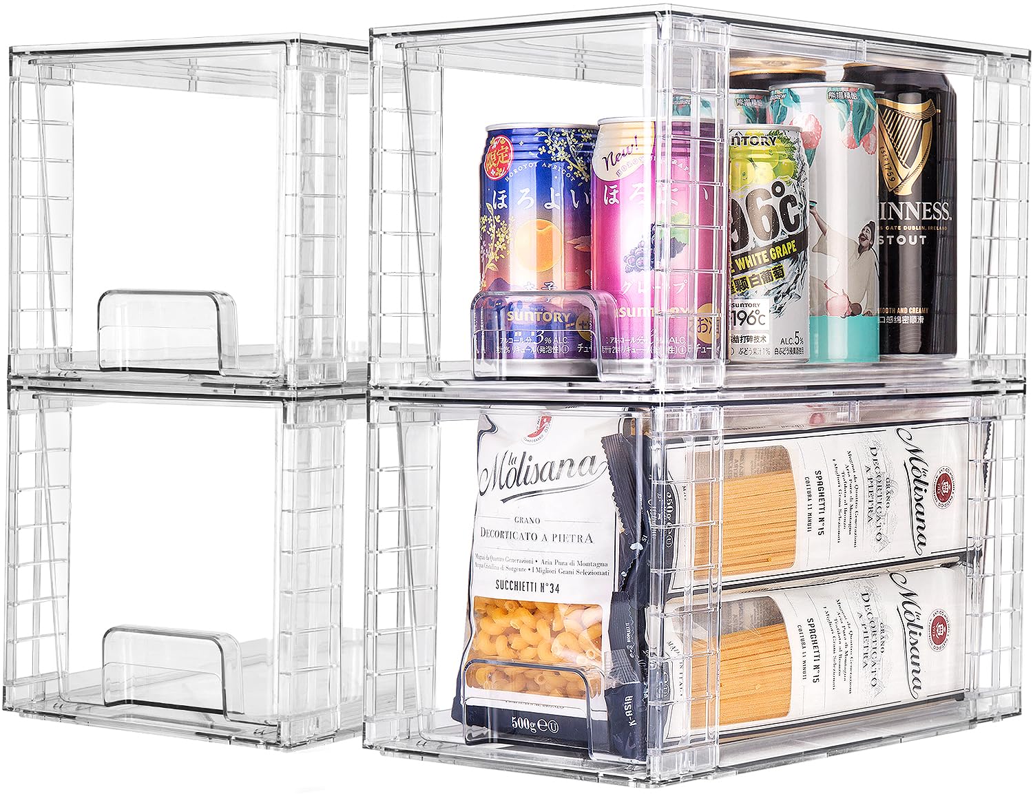 Zero Zoo 2Pack Large Stackable Kitchen Storage Drawers, Clear Foods Organizer Bins with Handles, Easily Assemble for Bathroom, Kitchen, Pantry, Cabinet, Closet (Down Handled)