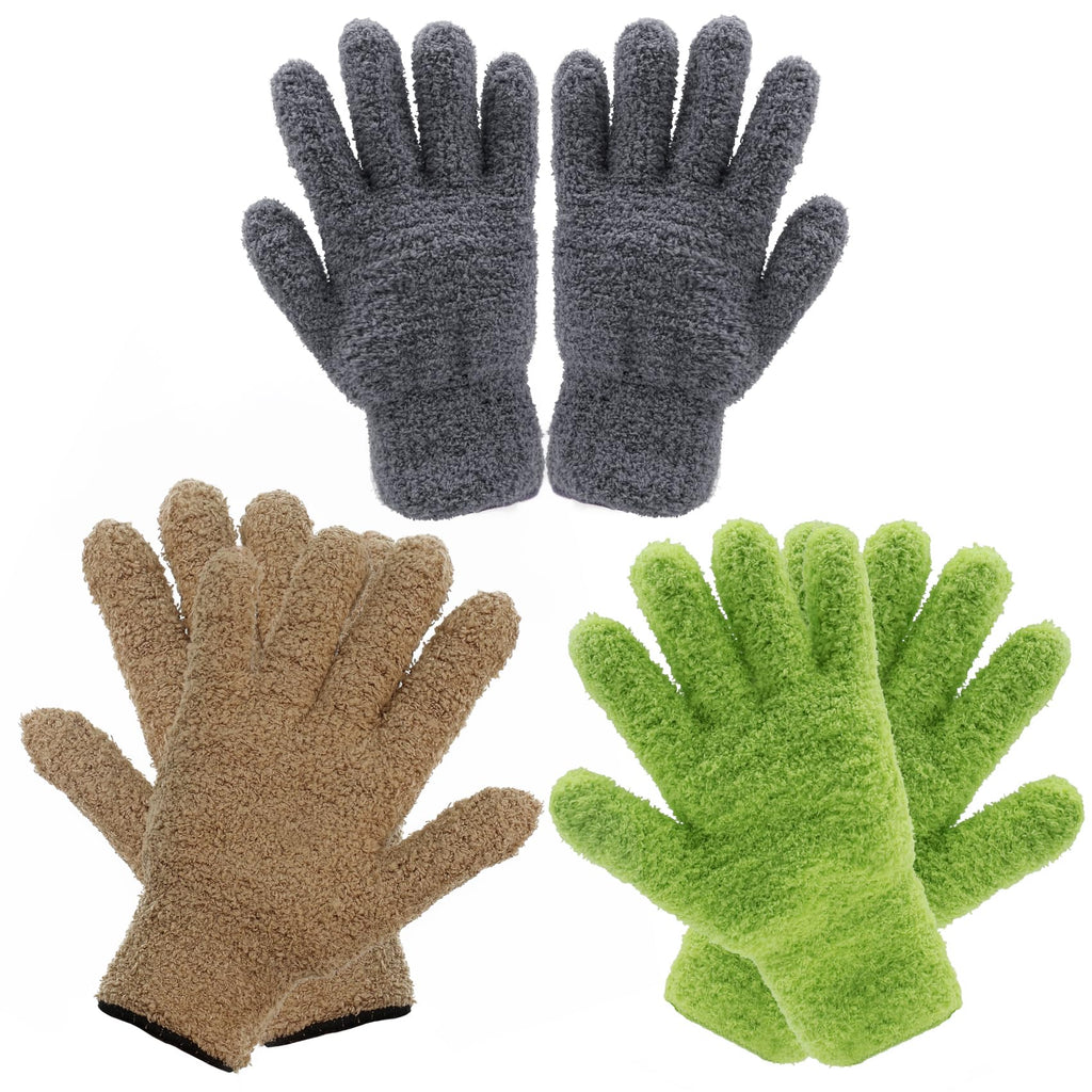 Ikosora 3 Pairs Microfiber Dusting Gloves, Plant Cleaning Reusable Microfiber Mitt for House, Car Blinds Cleaning Gloves, Grey, Green, Camel