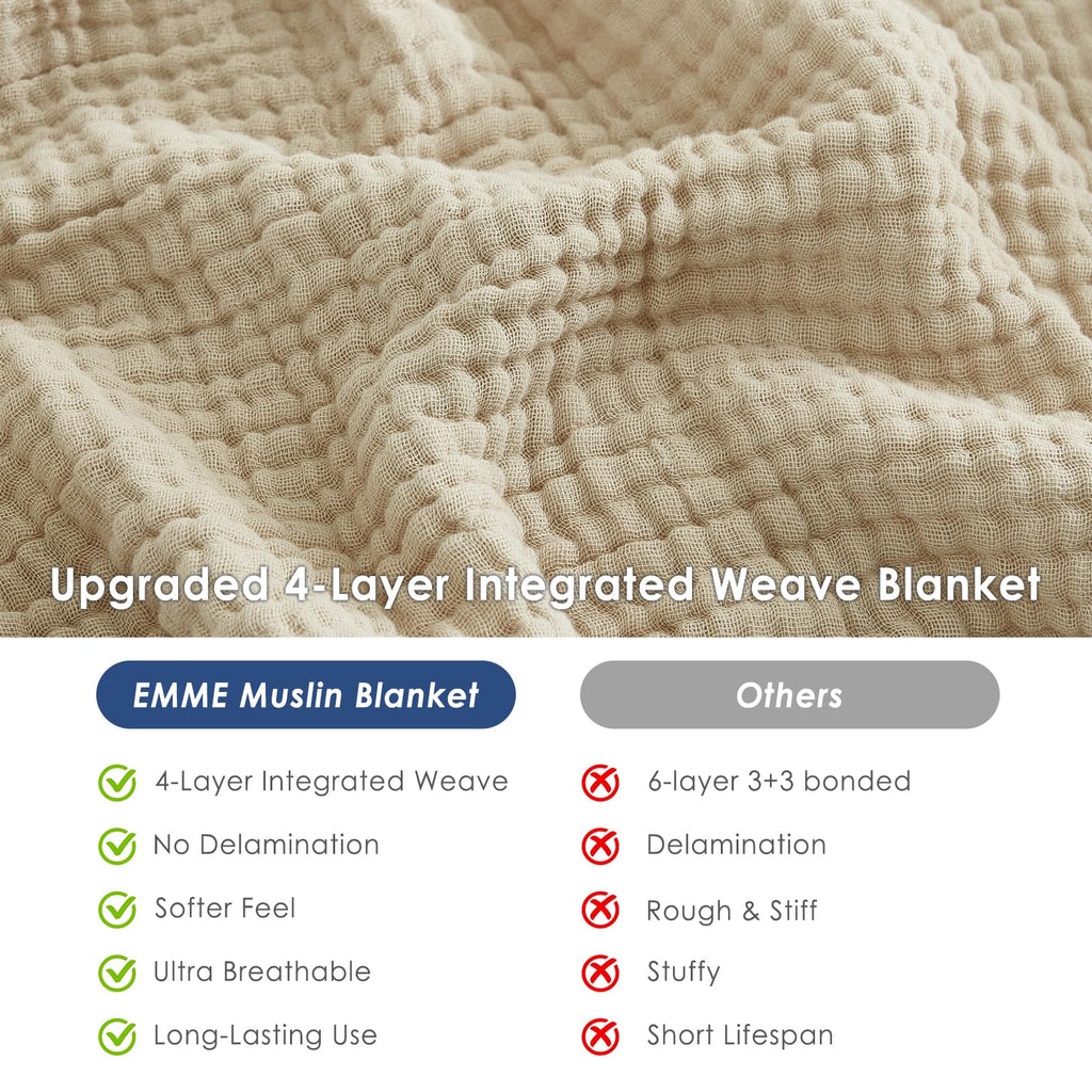 EMME Cotton Throw Blanket Gifts for Women 100% Muslin for Couch Breathable Gauze All Season Soft and Lightweight Pre-Washed（Throw XL 50"x71"）