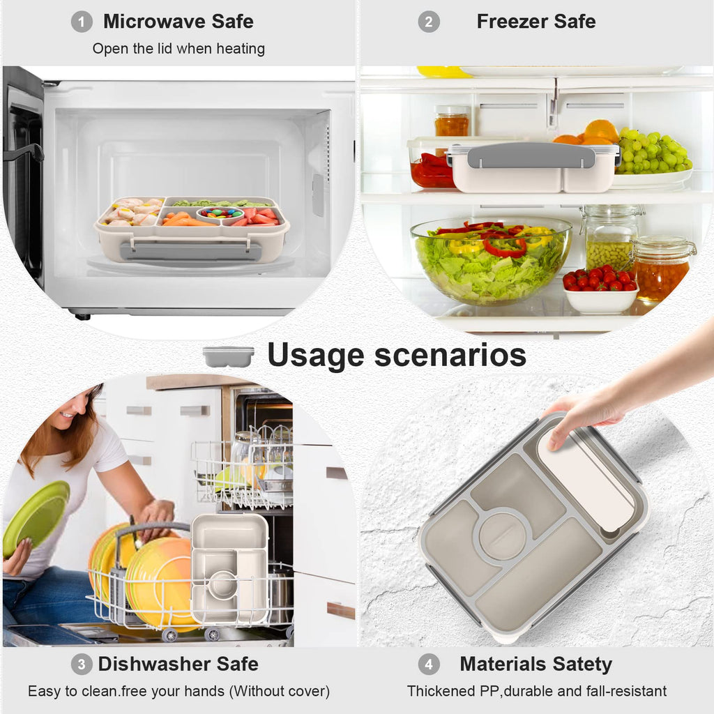 Amathley Bento Box Adult Lunch Box Kids,Lunch containers for Adults/Kids/Toddler,5 Compartments bento Lunch Box for Kids with Sauce Vontainers,Microwave & Dishwasher & Freezer Safe (Milky)
