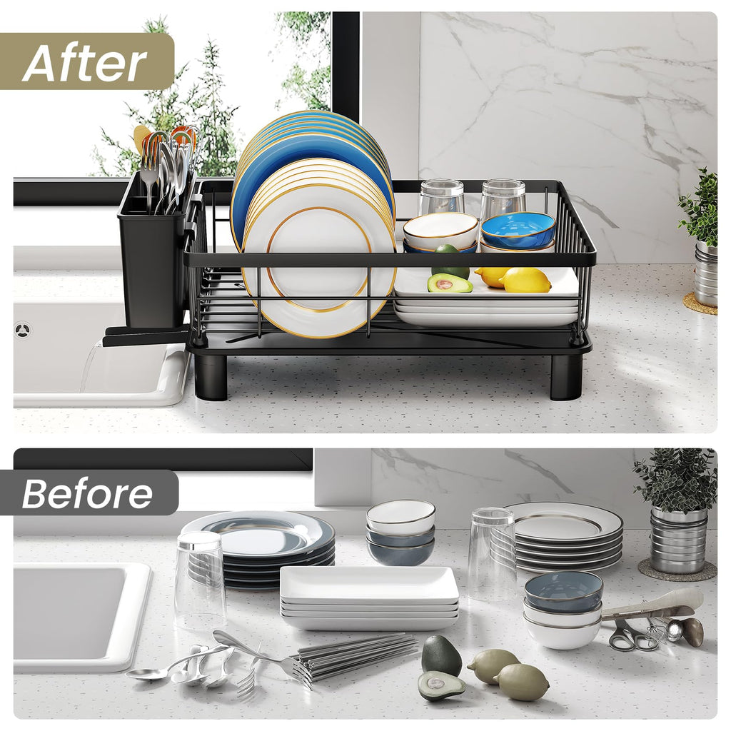 Dish Drying Rack - Small Dish Rack for Kitchen Counter, Stainless Steel Dish Drainer with Utensil Holder and Drainboard (Black)