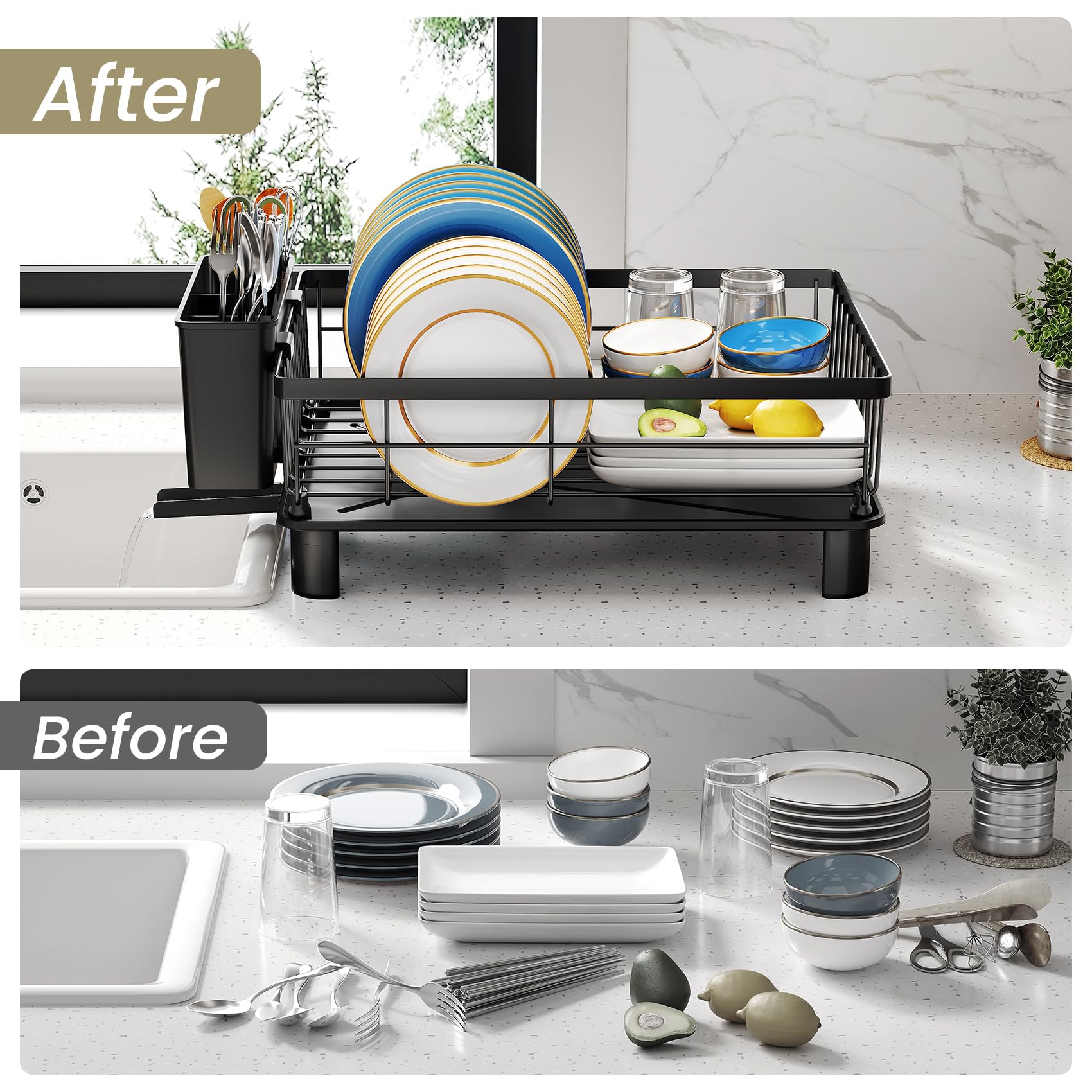 Dish Drying Rack - Small Dish Rack for Kitchen Counter, Stainless Steel Dish Drainer with Utensil Holder and Drainboard (Black)