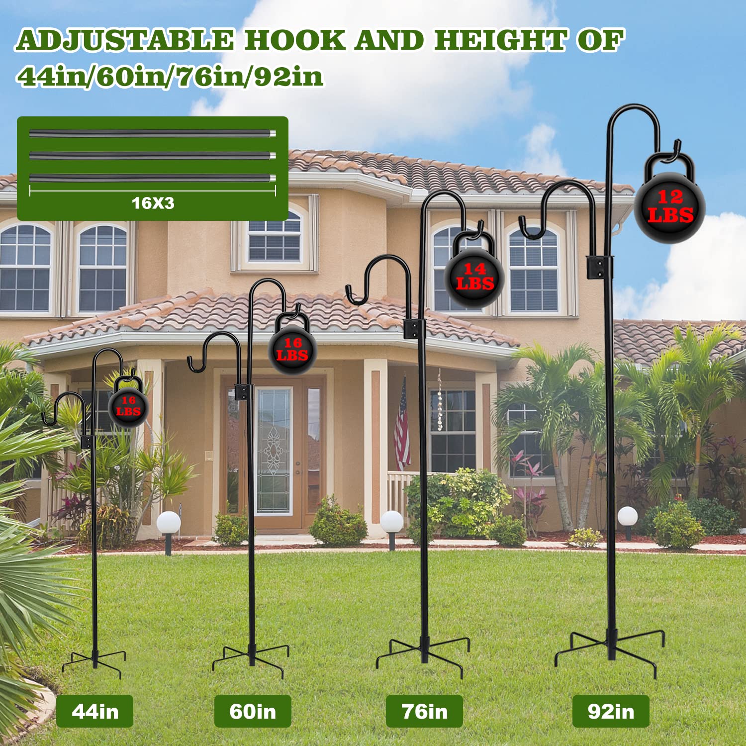 Shepherds Hook 76 Inches Double Sided Hook for Bird Feeder Heavy Duty Adjustable Outdoor Shepherd Hooks with 5-Prong Base for Lanterns Planting Hanger Weddings Wind Chimes